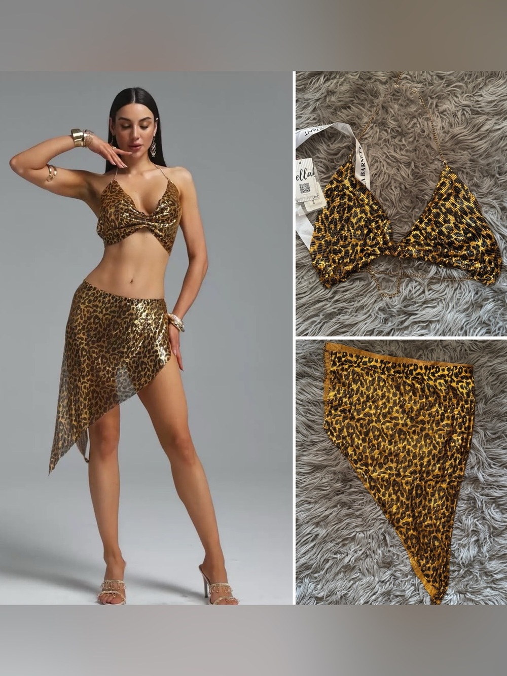Bella Barnett Mauris Leopard Metal Halter & Skirt set Size Large